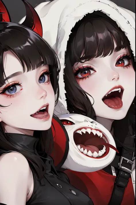 pale skin, pretty girl, short hair, red lipstick, black hair, black eyes, fangs, evil smile, mouth open, tongue out, predator, vampire, evil, sweat