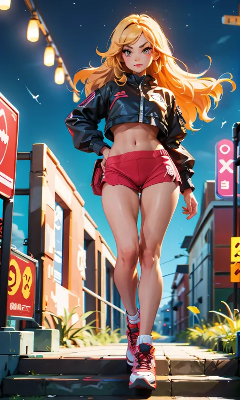 masterpiece, 1 girl, beautiful, slim, head on, looking at the spectator, long hair , blonde hair, brown eyes, arched eyebrows , full body , nice legs, abdomen plano, Kpop outfit , sports shoes , (((desnuda))), on an abandoned bridge, dark sky,