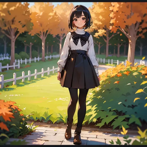 ( High Quality ,  high definition , Very detailed, reality:1.37), Peaceful atmosphere, (Outdoor, garden ,autumn),  teenage girl standing alone, Beautiful details,  cute smiles , (Black Bob), Ribbed sweater,Brown skirt, Black tights,  brown boots .