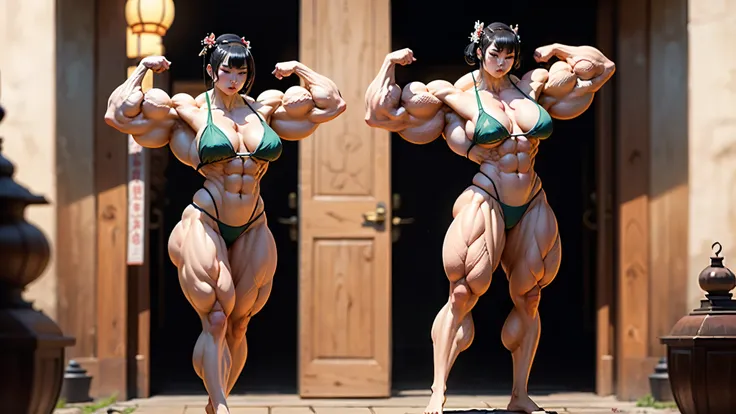 forty-two female bodybuilder geisha with beautiful white face, with enormous muscles, in bikini strips, no bad proportion, bare feet, complete figure no mutated hands at bare feet, complete figure, geisha haircut, temple background, flexing muscles