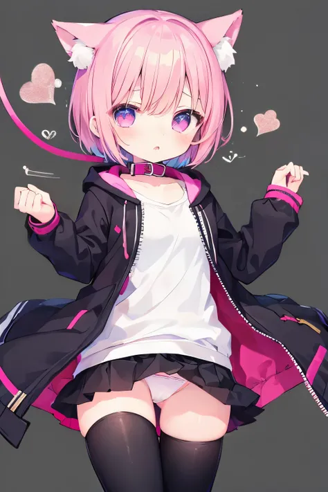  oversized jacket  、Pink short hair、 wear a collar 、girl wearing a collar and leash、Very beautiful and 輝く瞳、輝く瞳、  1 girl、 small breasts、Cat ears 、((((( )))))、heart❤、((sweat、vapor)）、Panties