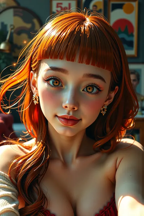 blunt bangs, red hair, ahoge, hair behind ear, long hair, hair ribbon, hair ornament, pupils sparkling, yellow eyes, blush, full blush, naughty, full-face blush, Surrealism, modern, Contemporary art, Abstract expressionism, Neoclassicism, chiaroscuro, cine...