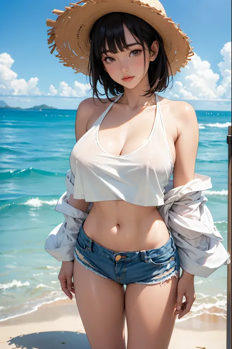 「Summer Beach」, Japanese female idol wearing a white tank top and denim bikini shorts,  Straw Hat ,  flip flops through the waves,  Slender Eyes, Hazel Eyes, round face,  dark brown Blunt bangs hair , Huge G-cup breasts, Strong thighs, Thin torso ,  full b...