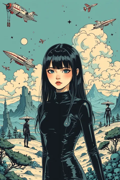 ((best quality)), ((masterpiece)), (detailed), perfect face of cyberpunk mecha japanese girl, shiny black eyes, shiny black body, shiny black hair, ((monochromatic black color palette)), surreal, art nouveau, in the illustrative style of moebius, spaceship...