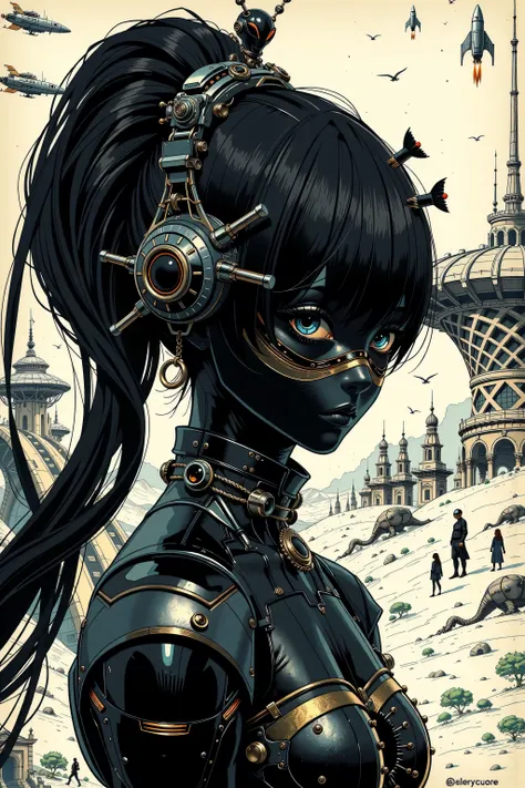 ((best quality)), ((masterpiece)), (detailed), perfect face of cyberpunk mecha japanese girl, shiny black eyes, shiny black body, shiny black hair, ((monochromatic black color palette)), surreal, art nouveau, in the illustrative style of moebius, spaceship...