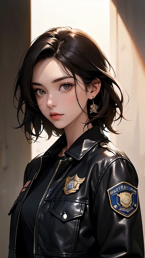 美しい女性モデルとしてのnatlpPortrait of画, Georgia Fowler,  beautiful face, Short dark brown hair,  Portrait of . She is wearing a leather jacket ,  black jeans , Dramatic lighting, (Police Badge:1.2)