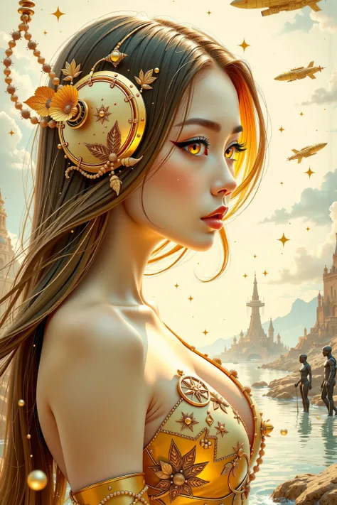 ((best quality)), ((masterpiece)), (detailed), perfect face of cyberpunk mecha japanese girl, shiny gold eyes, shiny gold hair, ((monochromatic metallic gold color palette)), surreal, art nouveau, in the illustrative style of moebius, spaceships, aliens, f...