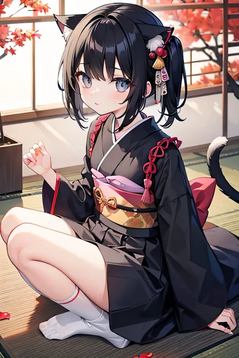 loli, black hair, cat eyes, Japanese Clothes