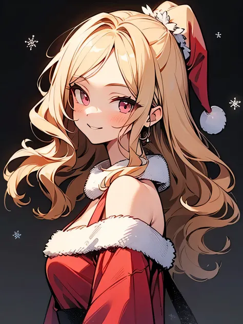 sideview,(looking at viewer),Alone,upperbody,blonde wavy:1.3 long hair,pink eyes,Elegant、 older sisters face:1.3、30years old, russian、(offshoulder christmas red santa luxury costume)、White muffler、 Masterpiece 、Model Pose:1.3,smile、white simple background,...