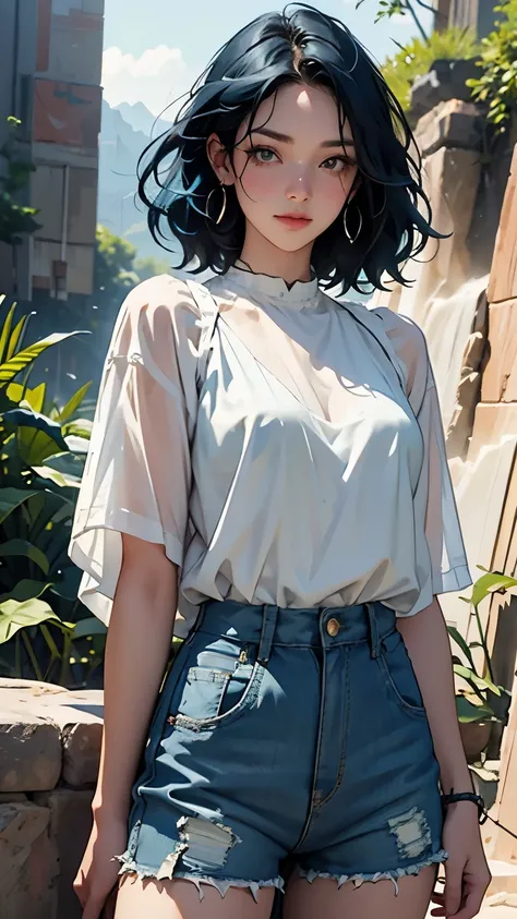 Bright shot: 1.3), A magnificent realistic, yellow eyes, Girl Raider, ( one girl), Light grey opaque short sleeve top, Transparent fabric at waist, Wavy Hair 1.4, ( Dark Blue Hair), shorthair, Blue and orange hues, ( light green shorts), Badlands and ca...