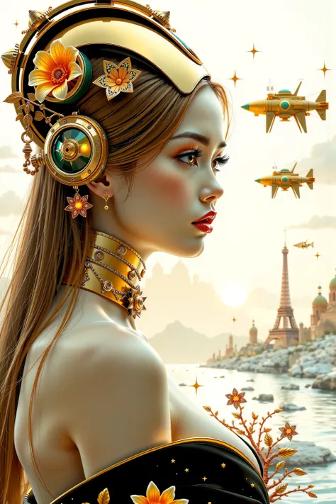 ((best quality)), ((masterpiece)), (detailed), perfect face of cyberpunk mecha japanese girl, shiny gold eyes, shiny gold hair, ((monochromatic metallic gold color palette)), surreal, art nouveau, in the illustrative style of moebius, spaceships, aliens, f...