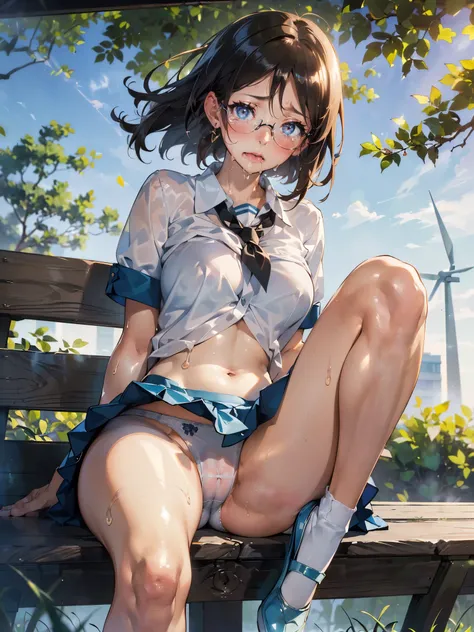 anime - style illustration of a woman in a high school outfit, white shirt:1.5, anime character, official character art, feminine, full body, female anime girl, (obscene sitting and knee up Posing:1.5), parted bangs, glasses, (tanned:1.3), looking at viewe...