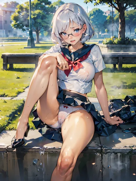 anime - style illustration of a woman in a high school outfit, white shirt:1.5, anime character, official character art, feminine, full body, female anime girl, (obscene sitting and knee up Posing:1.5), parted bangs, glasses, (tanned:1.3), looking at viewe...