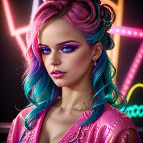 a woman in a colorful neon-lit fashion portrait, beautiful detailed eyes, beautiful detailed lips, long eyelashes, intricate hairstyle, vibrant neon colors, dramatic lighting, high fashion outfit, cinematic composition, photorealistic, 8K, hyper detailed, ...