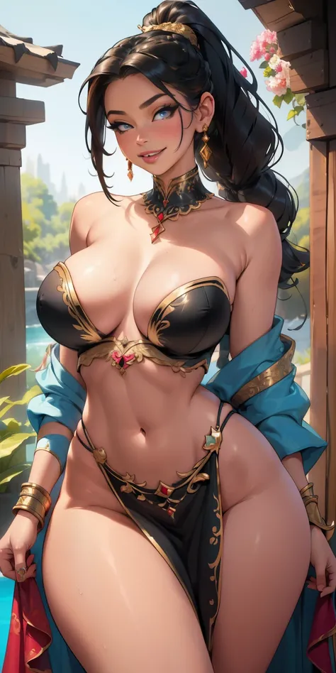 ((masterpiece)), ((best quality)), (detailed), perfect, solo, Jasmine, luscious smiling lips, manic smile, love-filled eyes, long hair, high ponytail, braided hair, huge breasts, deep cleavage, large breasts, ( big breasts) Bermuda ( wide hips ), ( thick t...