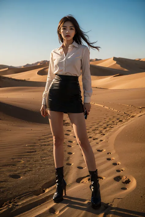  Lets take a closer look , ,(   top quality,4Kdesertの中,  high definition   ),    very detailed,(   realist,photograph ＯＬsuit,Ｙ shirt tight skirt  、 wearing high heels、  looking at camera、),Portraiture,desert, rifle,  Skin texture details ,   Dramatic light...