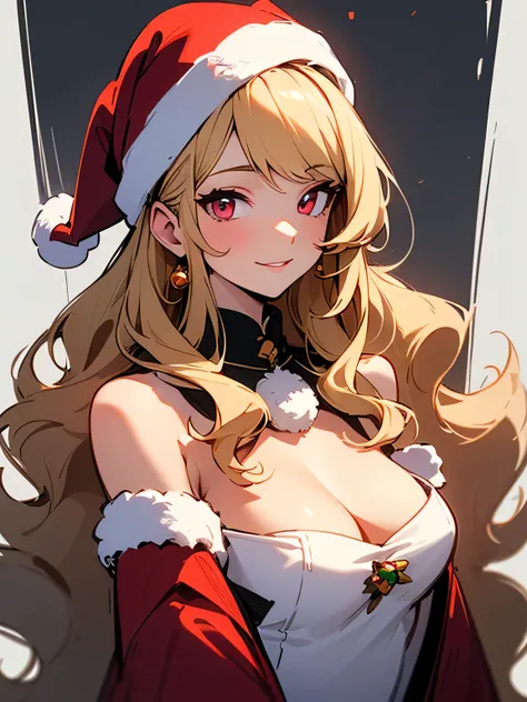 sideview,(looking at viewer),Alone,upperbody,blonde wavy:1.3 long hair,pink eyes,Elegant、 older sisters face:1.3、30years old, russian、(offshoulder:1.3, christmas red Santa luxury costume)、 cleavage、(Enchanting chest:1.3),White muffler、 Masterpiece 、Model P...