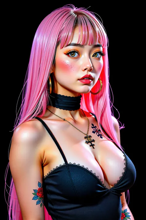 One girl、((tattoos)), Excellent anatomy, masterpiece, Highest quality,Realistic, hyperRealistic, 16k hdr,NSFW、Long pink Hair、Straight Hair、bangs、freckles、high school girl、Slender、Slender body、asian high school girl, huge breasts, cleavage, Lewd, horny, sex...