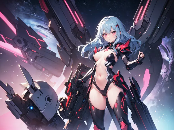 masterpiece, best quality, integrated scenery, integrated background, extremely delicate and beautiful, meticulous details, good composition, , cute face, perfect face, perfect hands,  1 supercute young_teen_girl ,Red Crossbone_chest_armor, mechanical wing...