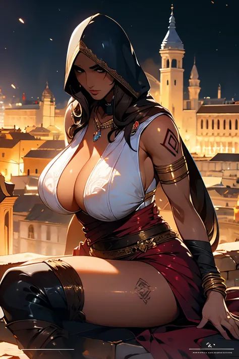 The woman, poca Clothes, Clothes, boots,  leg bracelets,((Granada,  The Alhambra in the background , Spain night , Evening, renaissance , renaissance )),  very detailed ,  Realistic long-term photography.., 4k, broad, (((hood, hood, black hair, black hair,...