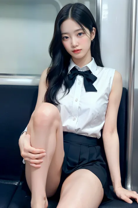 masterpiece, High resolution, Ultra High resolution, 4K, perfect hands,Black Hair, Japanese Girls, Navy blue Uniform skirt, White shirt, bow tie, Accentuate your thighs, White thighs, Soft thighs, Shiny thighs, Sitting on a train, Facing angle, Angle from ...