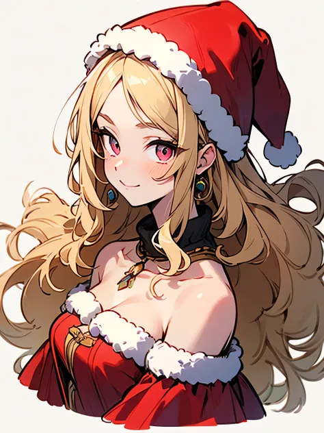 sideview,(looking at viewer),Alone,upperbody,blonde wavy:1.3 long hair,pink eyes,Elegant、 older sisters face:1.3、30years old, russian、(offshoulder:1.3, christmas red Santa luxury costume)、 cleavage、(Enchanting chest:1.3),White muffler、 Masterpiece 、Model P...