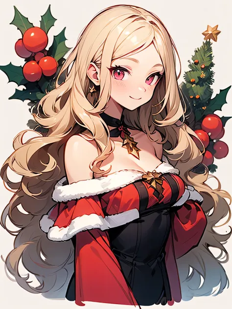 sideview,(looking at viewer),Alone,upperbody,blonde wavy:1.3 long hair,pink eyes,Elegant、 older sisters face:1.3、30years old, russian、(offshoulder:1.3, christmas red Santa luxury costume)、 cleavage、(Enchanting chest:1.3),White muffler、 Masterpiece 、Model P...