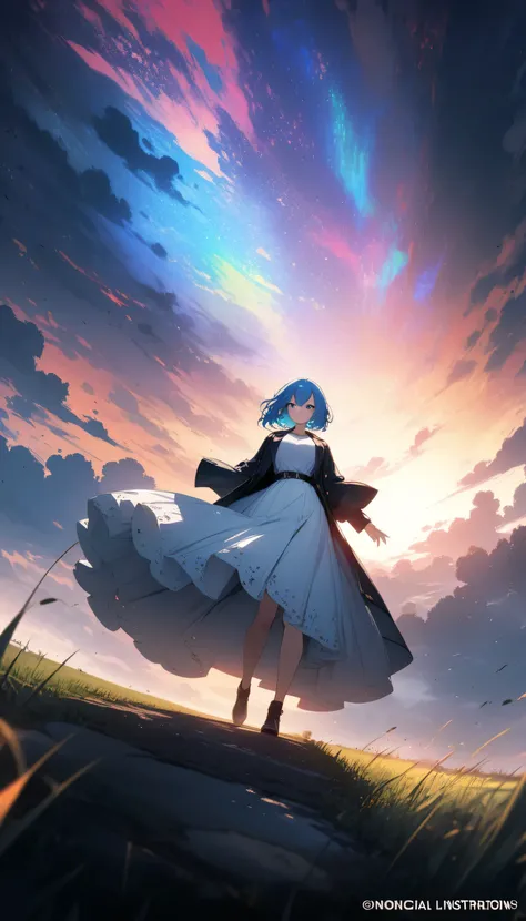 (masterpiece,  top quality,  Official Art:1.2), ( colorful ),  Perfect Anatomy, one girl, front view。 shorthair。Blue hair color。Late Night。 grassland。 (new moon:1.3) super precise illustration ,  detailed ,  Dynamic Angle,  Beautiful details in, 8k,, ( hig...