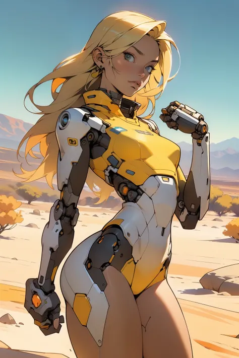 high quality, 4k, masterpiece, beautiful, cyborg girl, cowboy shot, dull eyes, front, looking at viewer, long blonde hair, girl, small breasts, fit thighs, robotic arms, robotic body, cyborg body, (yellow) & white uniform, orange accent, intricate detail, ...