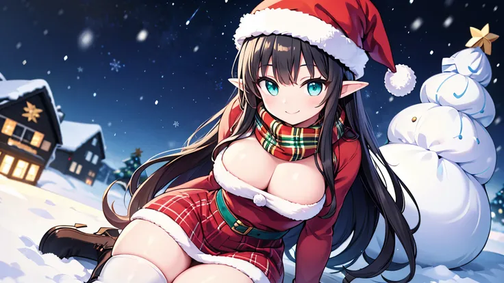 detailed image, realistic image, 1 elf, has very long black hair, wavy hair, turquoise eyes, smiling. She has a curvy body, medium breasts, thin waist, wide hips, thick thighs. She is dressed in a Christmas sweater, plaid scarf, Christmas hat, Christmas pl...