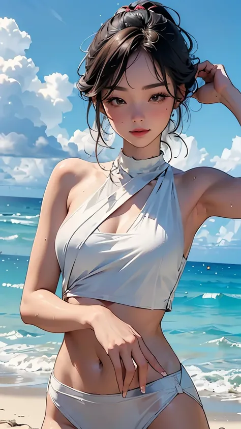  Waikiki Beach in Hawaii,   sleeveless dress, (( top quality, 8k,   Masterpiece  : 1.3))),  Clear Focus : 1.2, ( layer cut, big: 1.2),  beautiful perfect figure: 1.4,  slim abs: 1.2,  wet body: 1.5,  High Definition Face and Skin Textures,  eye closed , do...