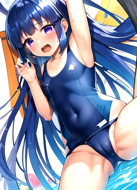 masterpiece, best quality,  1girl, solo, sexy swimsuit, sport swimsuit, long hair, furude rika, flat chest, blue hair, purple hair, background water, white swimsuit, torn suit vagina, sex pose, vaginal liquid, cameltoe, full body,