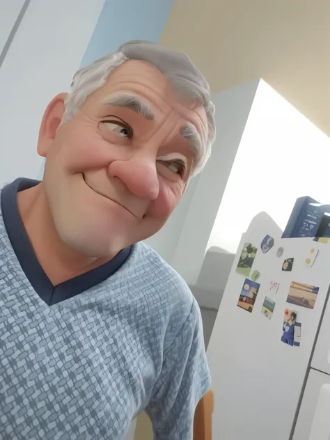 pixar animation style, better image quality,  a gray-haired man looking up and smiling as he thinks, He wears a pajama shirt 