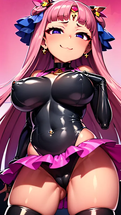 ((masterpiece、best、Very            detailed)、  Dancing Girl，Divine Whores      ，(( a girl ))、((           pink hair    、         black skin        ，  Extra long curly hair))、          Purple Eyes         、 Smile，（（           dark skin           ））、((There ...