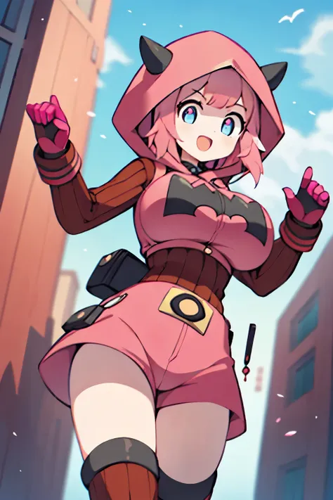 (1girl in:1.2), (Solo:1.2) 、nffsw、Shaders、Brilliant Textured Work、Ultra-detailed eyes、ultra-intricate pupil in eyes、top-quality、Full body standing picture、pkmntmg 、(fake horns, hoodie, red shorts, gloves, red boots) 、long hair, (pink hair:1.5), sadistic sm...