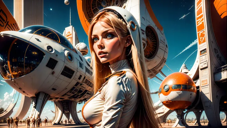 arafed image of a white woman in a futuristic suit with a spaceship in the background, movie art, in front of an orange background, inspired by Robert McGinnis, female protagonist, megastructure in the background, portrait of an ai astronaut, astronauts, a...