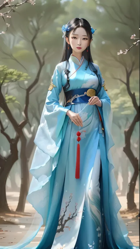 A woman in a blue dress stands in the forest, Flowing Magical Robe , Dressed in ancient Chinese costumes , Hanfu,  Chinese Clothes ,  Traditional Chinese Costumes ,  Chinese Clothes ,  Long beautiful flowing kimono , palace ，  girl in Hanfu, wearing ancien...