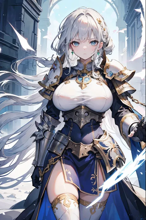 1 woman, breastplate，article,  medieval fantasy temple background，with shining light，Greatsword，white cloak，Official Art，((masterpiece))，(((High quality)))， emerald eyes , grayish gray hair, Hair tied back, Priests clothes,  holding a sword with both hands...