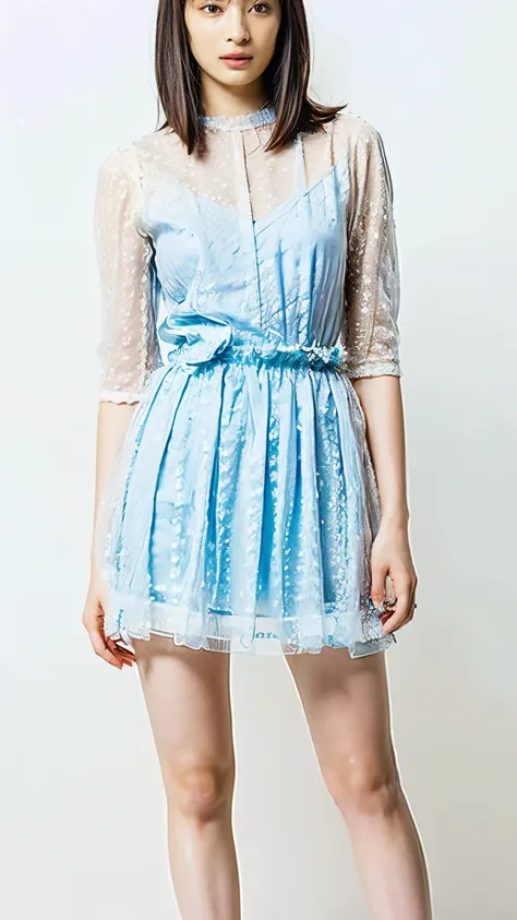   top quality,    Masterpiece    ,  super high resolution,(:1.4),Original photo,  super high resolution，8k，There are also women，  white skin、light blue sheer lace mini dress ，  high heels，  long legs  :1.5，Bright and beautiful，  high waist  ，  fancy makeup...