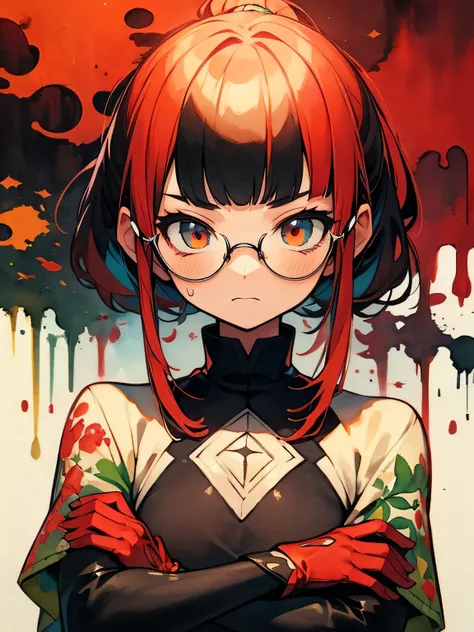 alone,upperbody,black long ponytail,(blunt bangs),glasses,eyeshadow, This is a sample Russian text that needs to be translated into English.、 Leather Ruffle Crimson Red Color Gloss々 dress、Red Crimson Red Color Leather Gloves 、 angry 、 with arms crossed、 lo...