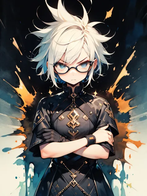 alone,upperbody,short hair, spiked hair, white hair,glasses,eyeshadow, This is a sample Russian text that needs to be translated into English.、 leather ruffle crimson metallic color glossy々 dress、blue metallic color leather gloves 、 angry 、 with arms cross...