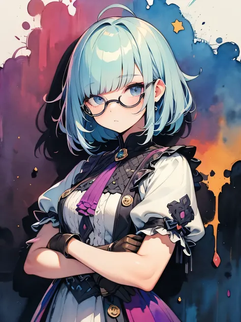 sideview,(looking at viewer:1.3),alone,upperbody,frosty blue hair, hair over one eye, blunt bangs, long sideburns, messy hair, Bob cu  ,glasses,eyeshadow, This is a sample Russian text that needs to be translated into English.、 leather frill nostalgic purp...