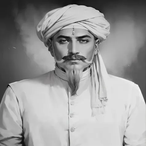 arafed man in a turban and a white shirt, inspired by Abdur Rahman Chughtai, inspired by Sardar Sobha Singh, by Abdur Rahman Chughtai, raden saleh, ditigal painting, detailed portrait, traditional portrait, painting of a man, potrait, inspired by Ram Chand...