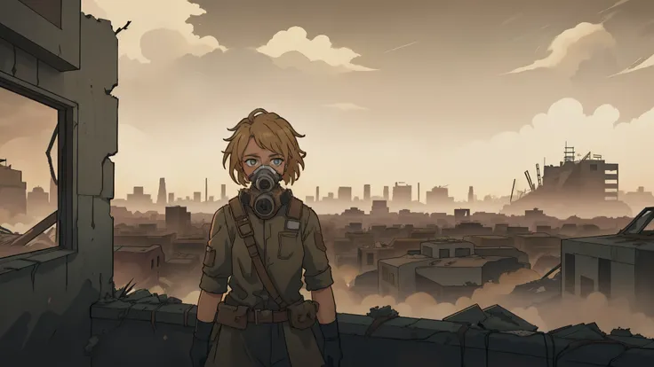 A photo of a lone wanderer in a desolate wasteland, blond hair, wearing tattered clothing and a gas mask to protect against the toxic air. The characters eyes, hardened and determined, reveal their resilience in the face of adversity. The background showc...