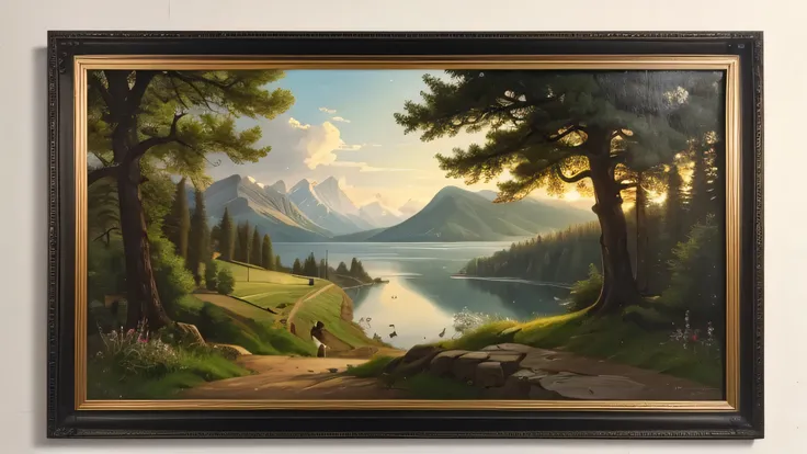 A painting is hanging on a white wall, the frame is natural but a bit antique, landscape orientation, the mat inside the frame is cut at a 16:9 ratio, there is no picture inside, it is completely black,