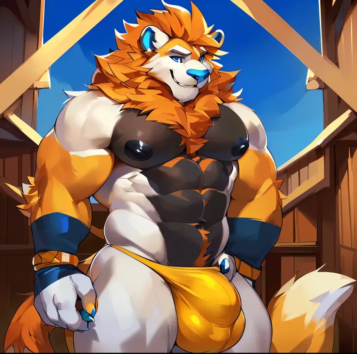 Solo, anthro, anthrofied male (((pokemorph, solgaleo, lion, blue eyes, blue iris, black pupils, broad shoulders, muscular, huge pecs, abs, black nipples, white body, white fur, black body, black fur, blunt snout, blunt muzzle, mane, dark arms, dark chest, ...