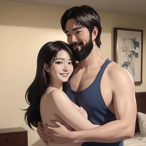 couple、 Cuddle up to each other、Fat uncle 、bearded man、 Sexy beauty 20 years 、smile