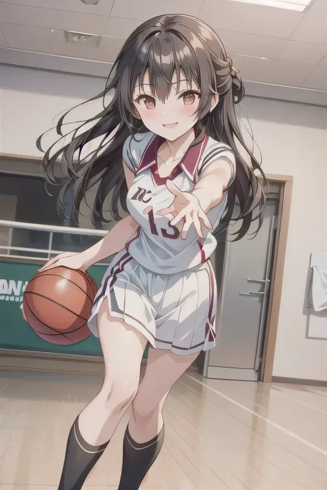 A young female basketball player performing a vivid jump shot. She holds the ball firmly in both hands, aiming for the goal with perfect form. Her slim basketball uniform accentuates her toned body, and black high socks add a stylish contrast. Her carefull...