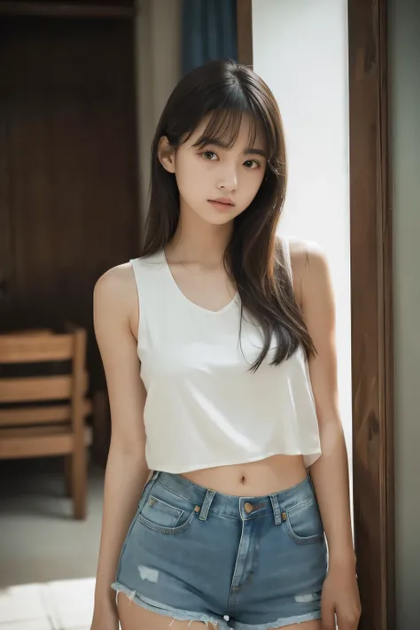 Prompt:
Close-up of an 18-year-old womans lower body: A young woman with smooth, ((fair skin, marked by subtle veins, nervously inspects a darkened patch on her VIO area. She wears a simple)), ((casual outfit— a sleeveless top and denim shorts. The camera ...