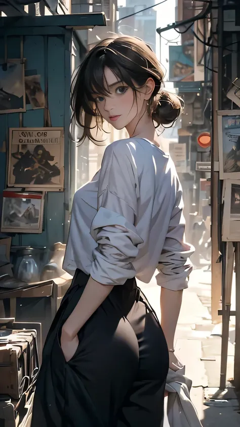  with her butt facing the camera, Perfect model figure, Stylish pants style,  stylish shirt ,  sunglasses, Very stylish, with influence of Jeremy Mann, Jeremy Mann, style of Jeremy Mann, Jeremy Mann painting, Jeremy Mann art, Ron Hicks, Liepke, Jeremy Mann...